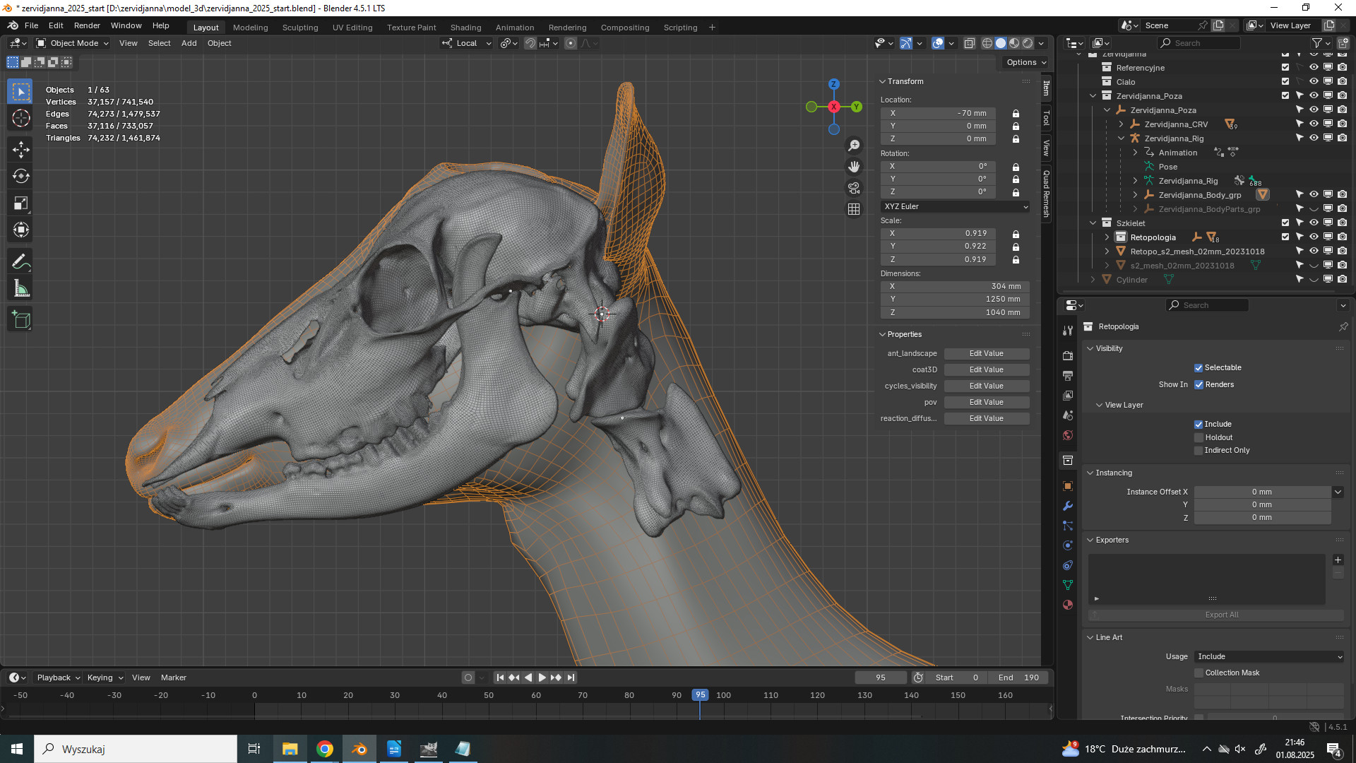 Model w Blenderze z osiami obrotu i zakresem pracy szczęki