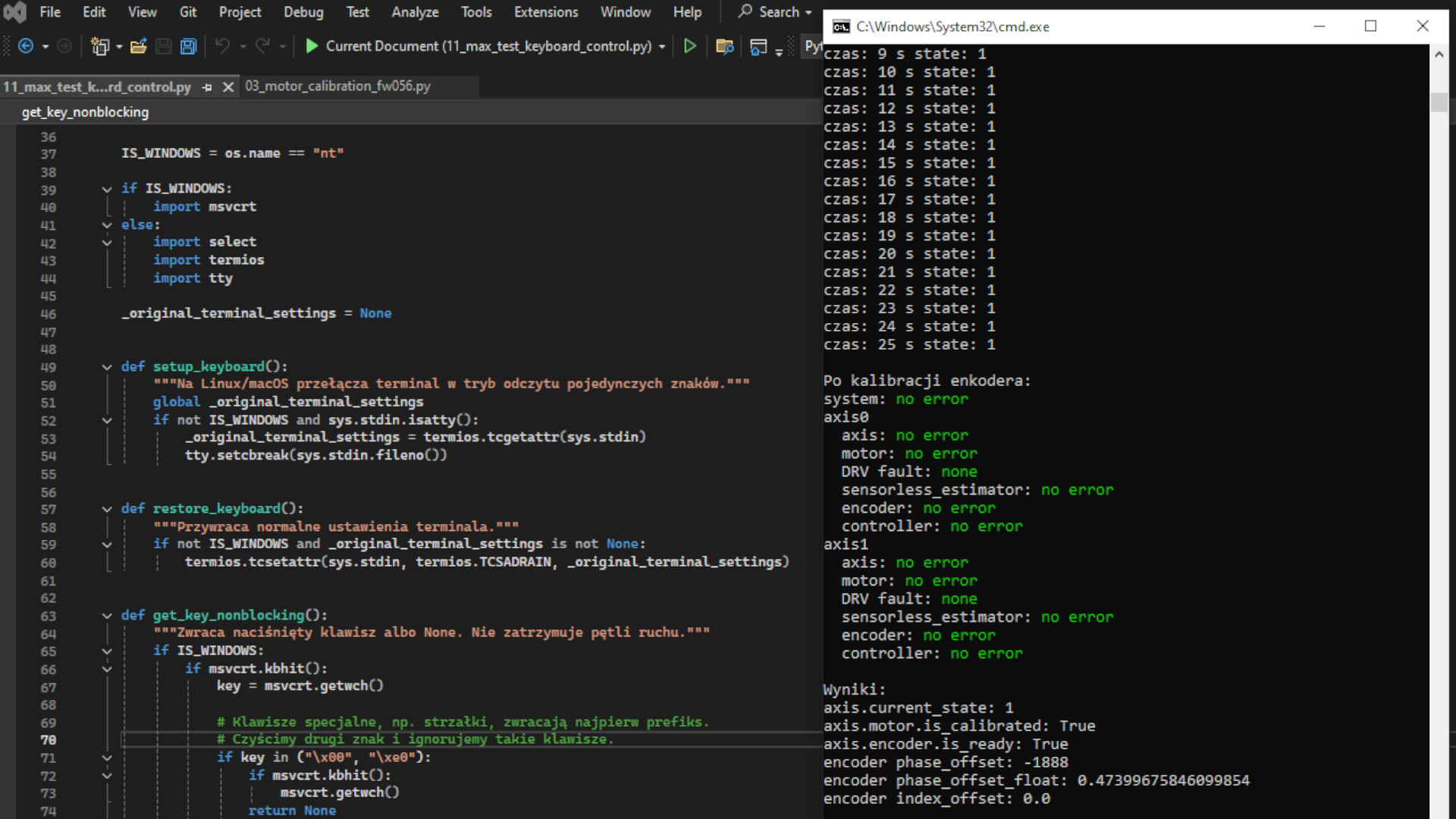 Testy programu Python do sterowania ODrive